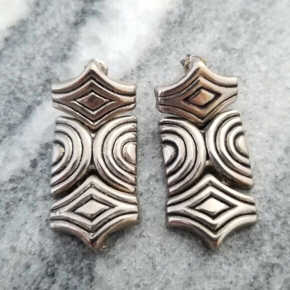 Vintage Funky Geometric Silver Tone Post Earrings, Dangle Drop Setting, Unsigned - Picture 5 of 5